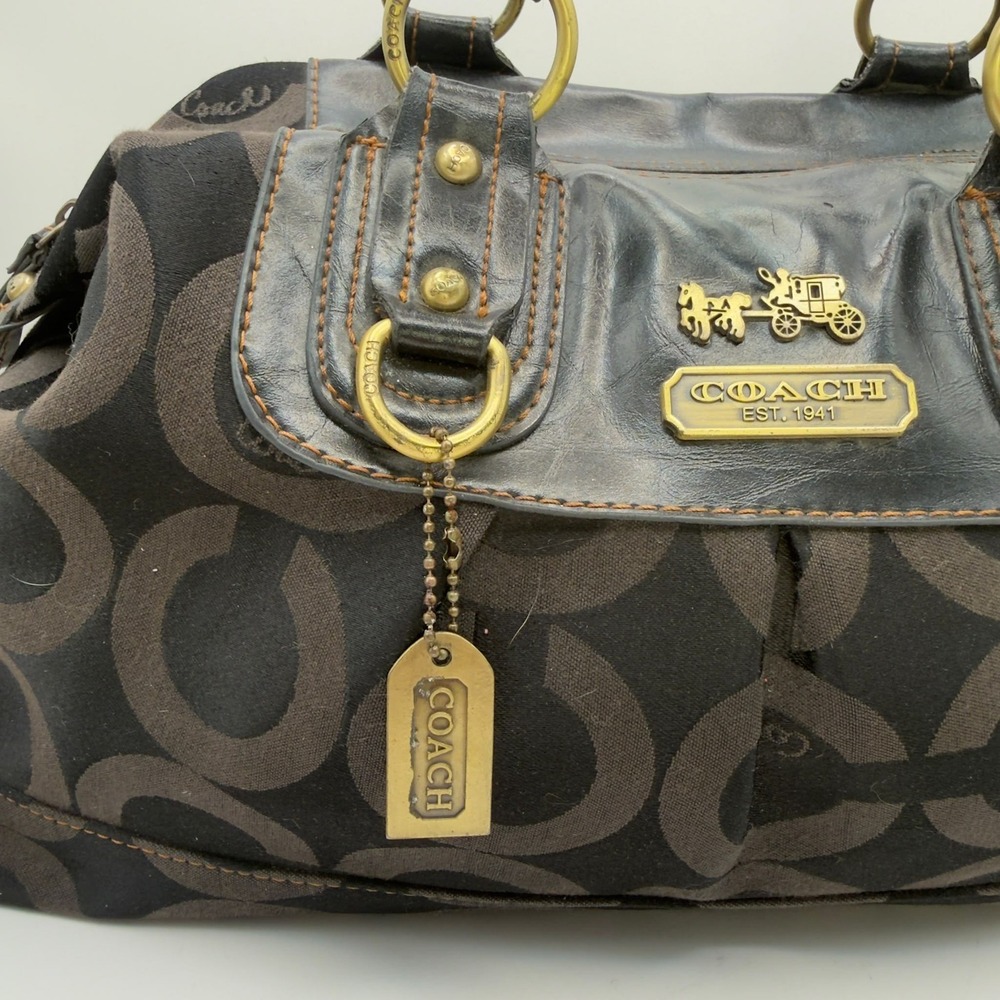 Coach Signature Monogram Canvas Satchel Bag Womens Brown Black Leather Trim